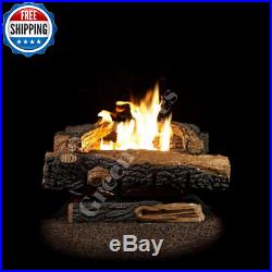 24 in Vent Free Fireplace Logs Natural Gas Fire Log Set Heat Thermostat Control