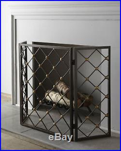 Handcrafted 3-Panel IRON FIREPLACE SCREEN BRASS BUTTONS Black GAS LOGS ONLY