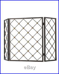 Handcrafted 3-Panel IRON FIREPLACE SCREEN BRASS BUTTONS Black GAS LOGS ONLY